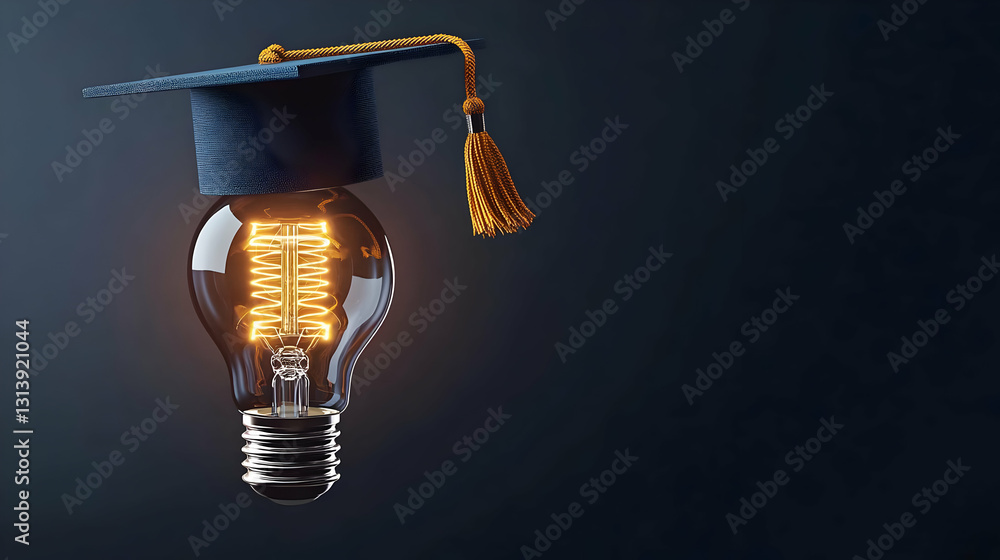 Poster illuminated light bulb with graduation cap symbolizing knowledge and innovation in education on dark