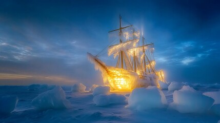 Obraz premium Mystical ice ship crafted from frozen waters, glowing softly under a blue sky