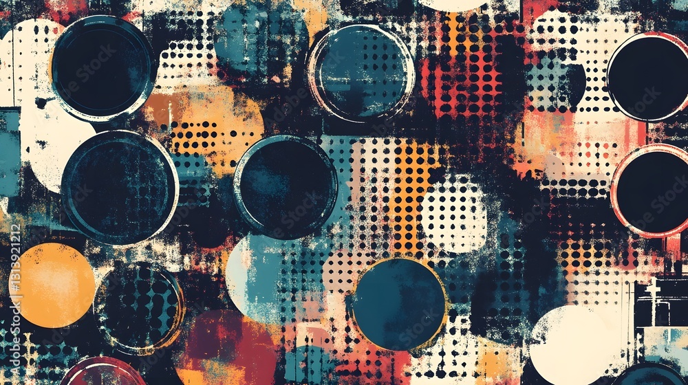 Poster vibrant kaleidoscopic abstract composition with distressed grunge textures and geometric shapes