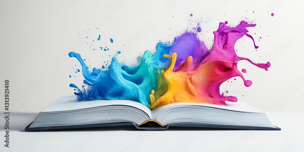 Poster an open book with blank pages bursts with vibrant splashes of color, symbolizing creativity and imag