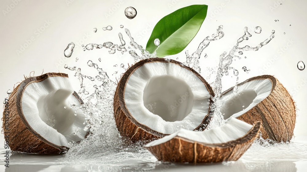 Poster freshly opened coconuts with water splashing in a bright composition