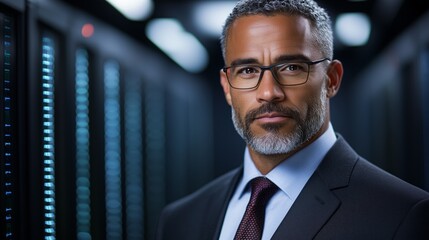 Fototapeta premium Confident man in suit stands in a server room, surrounded by technology and server racks.