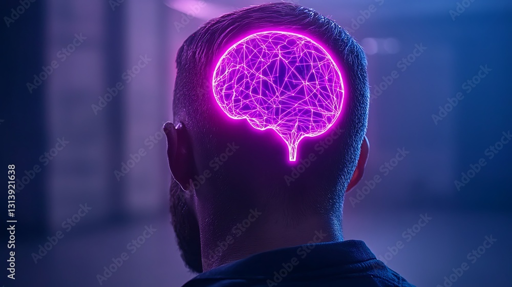 Poster abstract portrait of a head with neon brain connection design