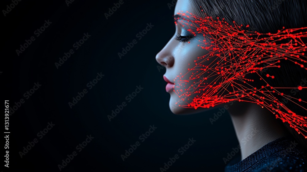 Aufkleber abstract portrait of a head featuring dynamic red network lines