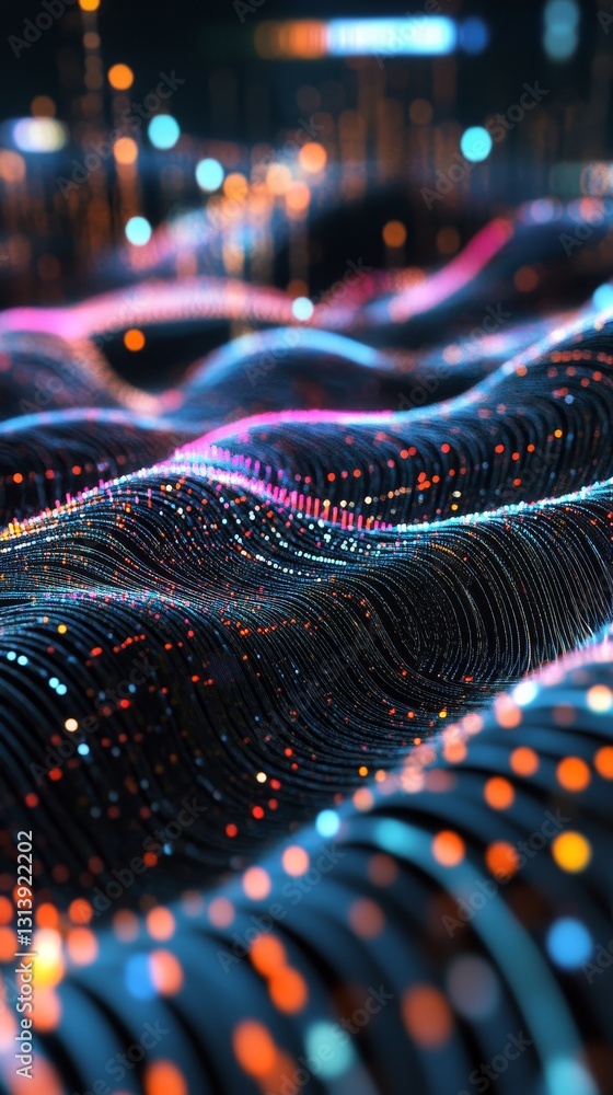 Poster Vivid abstract representation of colorful waves of light, showcasing dynamic patterns and sparkling details. Perfect for technology and design concepts.