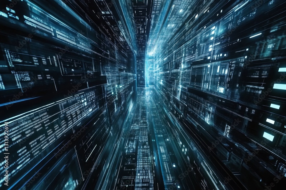 Poster a computer generated image of a cityscape with a blue sky and a bright light. the image is full of b