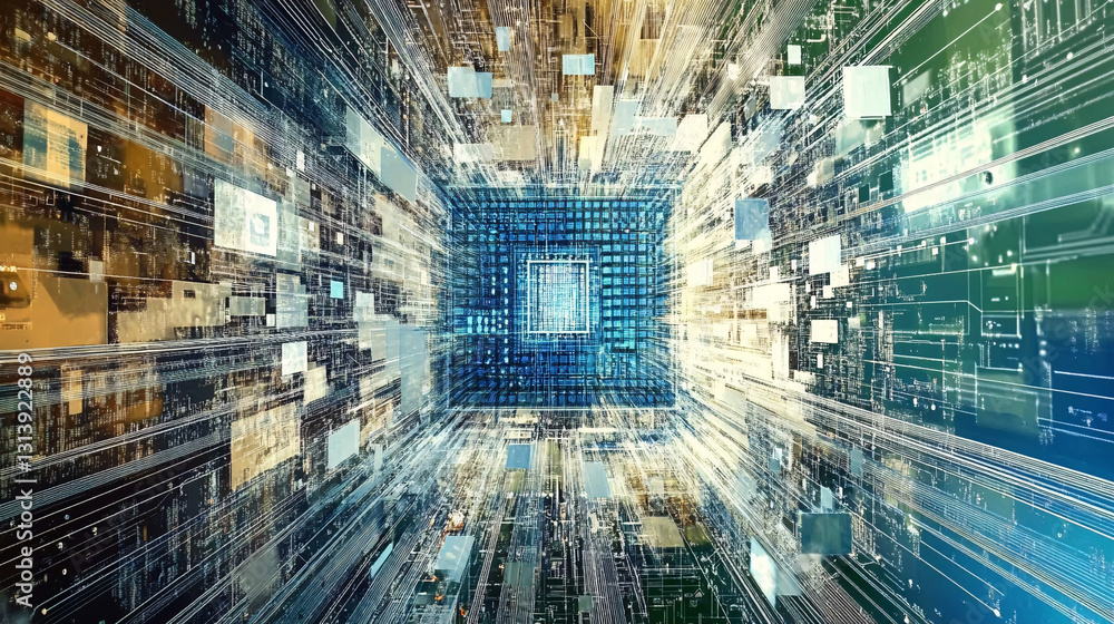 Poster a perspective view of a data tunnel with glowing blue and yellow circuits and a futuristic effect