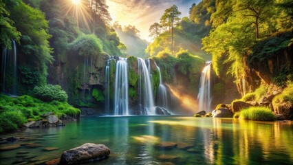 Serene Waterfall Cascading into a Tranquil Emerald Pool at Sunrise, Bathed in Golden Sunlight, Surrounded by Lush Greenery and Majestic Rocks