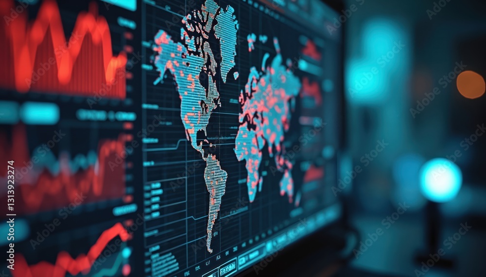 Aufkleber Hi-tech computer displays world map, charts. Digital data analysis shows global network risks, vulnerabilities. Modern technology monitors infrastructure, enhances cybersecurity. Advanced analyzes