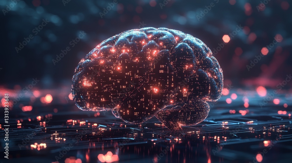 Poster a stunning digital representation of a brain with glowing neon lights, set against a circuit backgro
