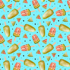Colorful pattern featuring watermelon and cucumber popsicles on a bright blue background
