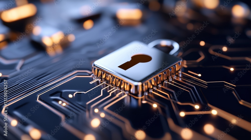 Poster a metallic lock integrated into a computer circuit symbolizes cybersecurity.