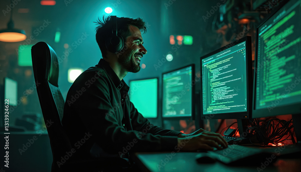 Aufkleber smiling male hacker in headset rejoices a cyberattack success in dim room of cybercriminals with com