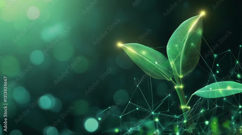 Poster a captivating depiction of a green plant with digital connection lines, symbolizing the fusion of na