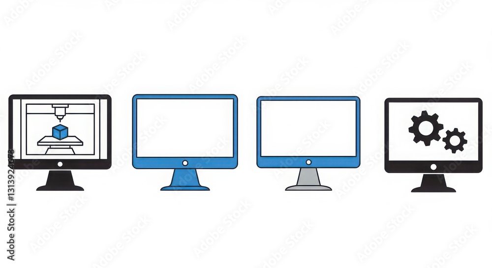 Aufkleber a sequence of four computer monitor icons with unique designs and features