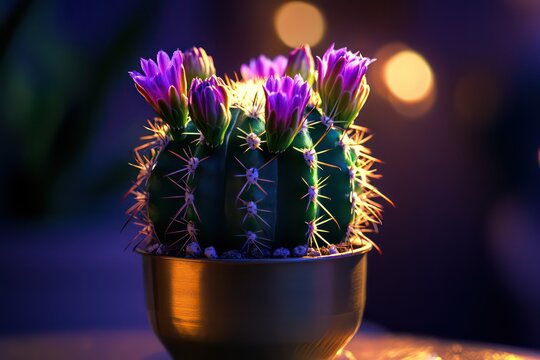 A high-resolution close-up of a green cactus with purple flowers in a small golden pot, illuminated by soft lighting