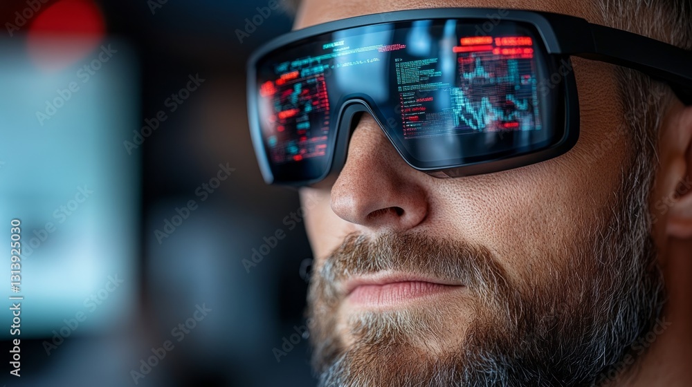 Poster man wearing high-tech glasses displaying digital data in futuristic setting.