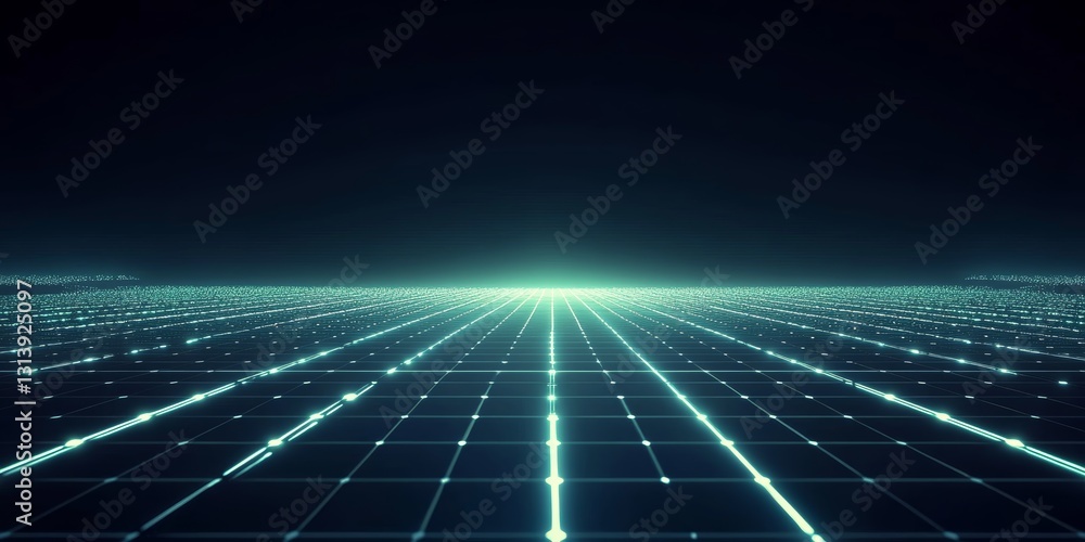 Poster a futuristic digital landscape featuring a grid pattern illuminated by glowing light points. this ab