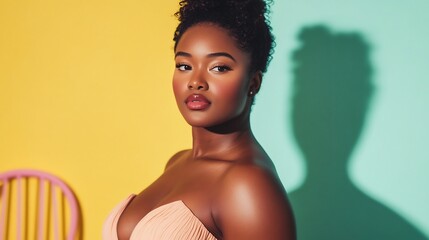Graceful Black woman in pastel peach chiffon dress looking elegant