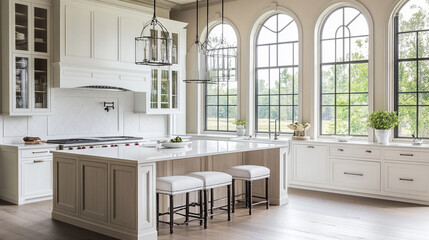 A bright and elegant kitchen featuring white cabinetry, large windows, and a spacious island with stylish seating, enhanced by natural light and greenery outside.
