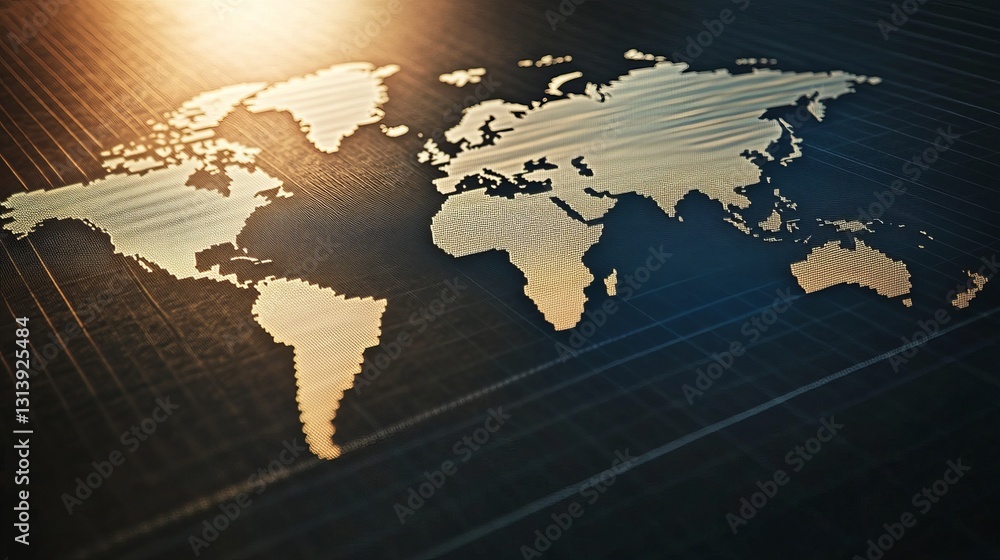 Poster innovative digital world map with global network on grid background