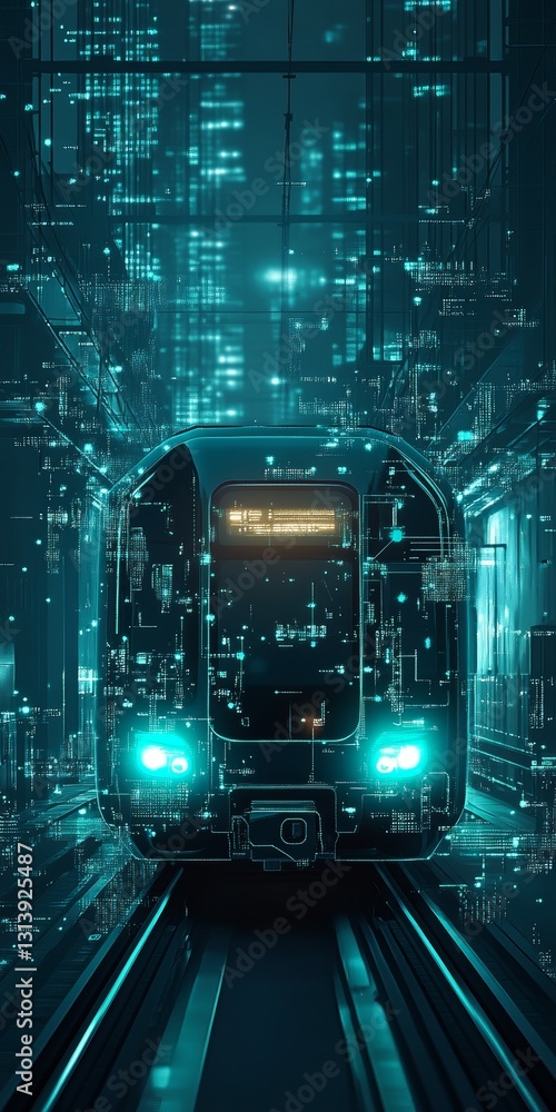 Poster a stunning futuristic train appears within a vibrant urban landscape at night. the glowing elements 