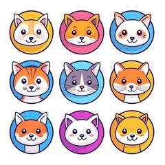 Cute cartoon cat faces in vibrant colors.