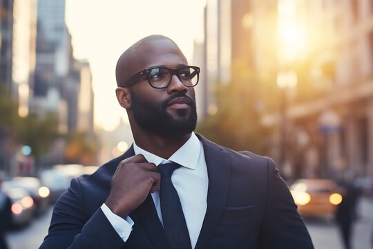 Professional businessman in navy-blue suit walking in cityscape