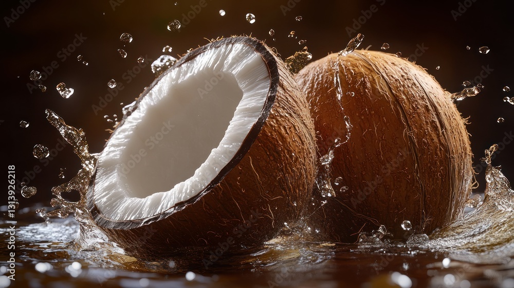 Poster two coconuts partially submerged in water with splashes
