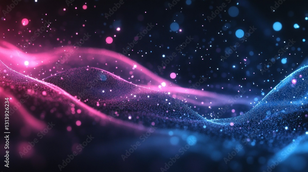 Poster abstract digital visualization of vibrant flowing particles in space