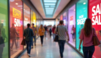 Obraz premium Blurred shot of sale signs in modern mall, busy day. Shoppers browse vibrant store windows, enticed by discounts. Consumerism, retail concept. Lively urban lifestyle, holiday shopping destination.
