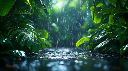Fototapeta premium Glowing Rainforest Canopy with Dripping Leaves Illuminated by Soft Light