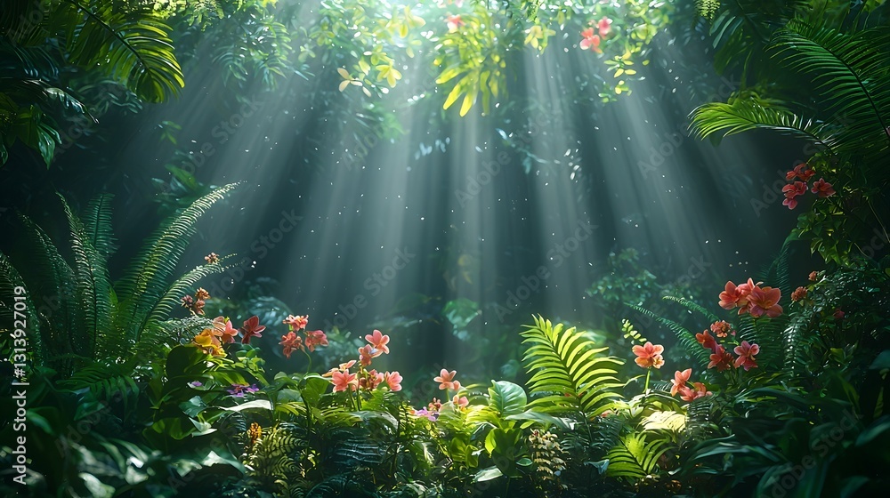 Poster glowing tropical rainforest with dense layers of ferns orchids and towering swaying trees