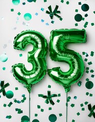 Green balloon number 35 for thirty-fifth birthday or anniversary party. White background with confetti