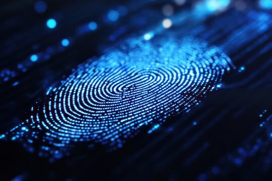A close-up of a digital fingerprint being scanned on a black screen, symbolizing biometric security and advanced data protection.