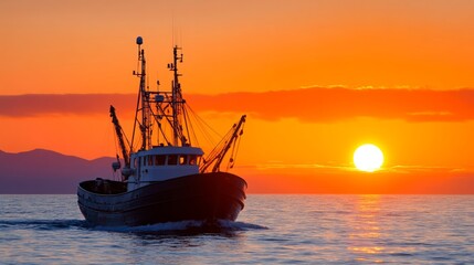 Fototapeta premium A fishing boat sails across the ocean with the vibrant sunset creating a stunning silhouette against the horizon.