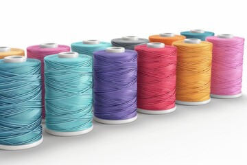 Colorful spools of thread arranged in a line, showcasing various vibrant hues.