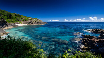 Fototapeta premium Panoramic View of a Secluded Tropical Cove with Turquoise Water and Lush Vegetation