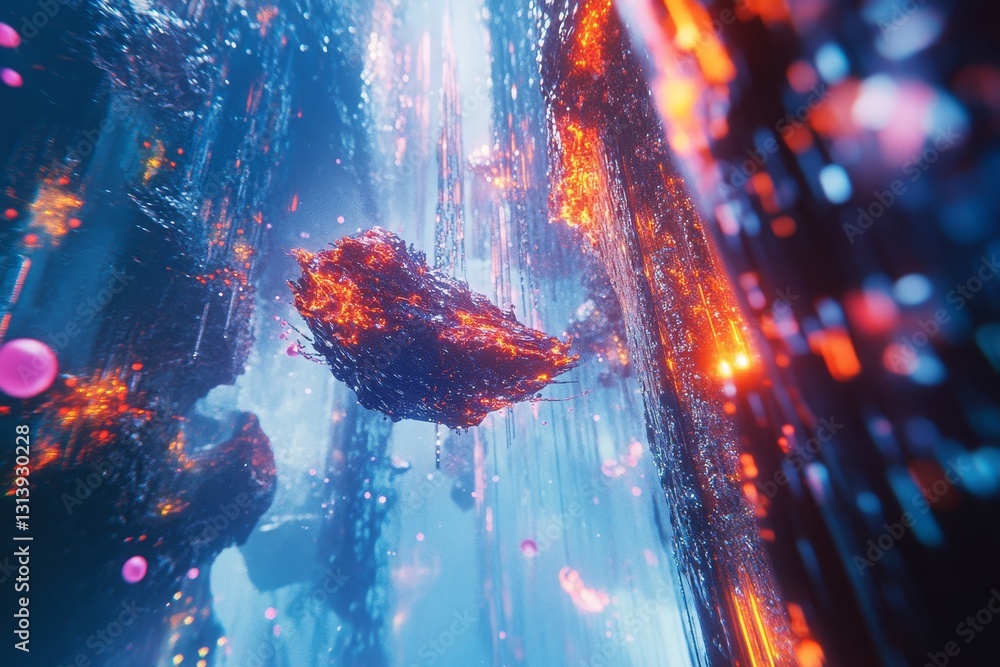 Poster a computer generated image of a space scene with a large rock floating in the air. the scene is fill
