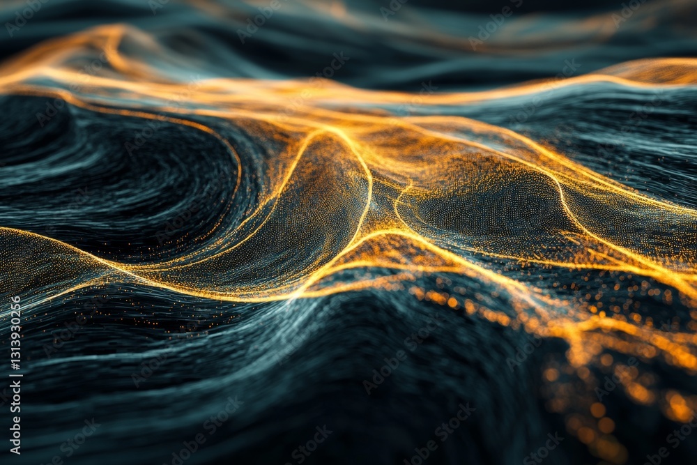 Poster the image is a computer generated image of a wave with a lot of gold and black colors. the wave is v