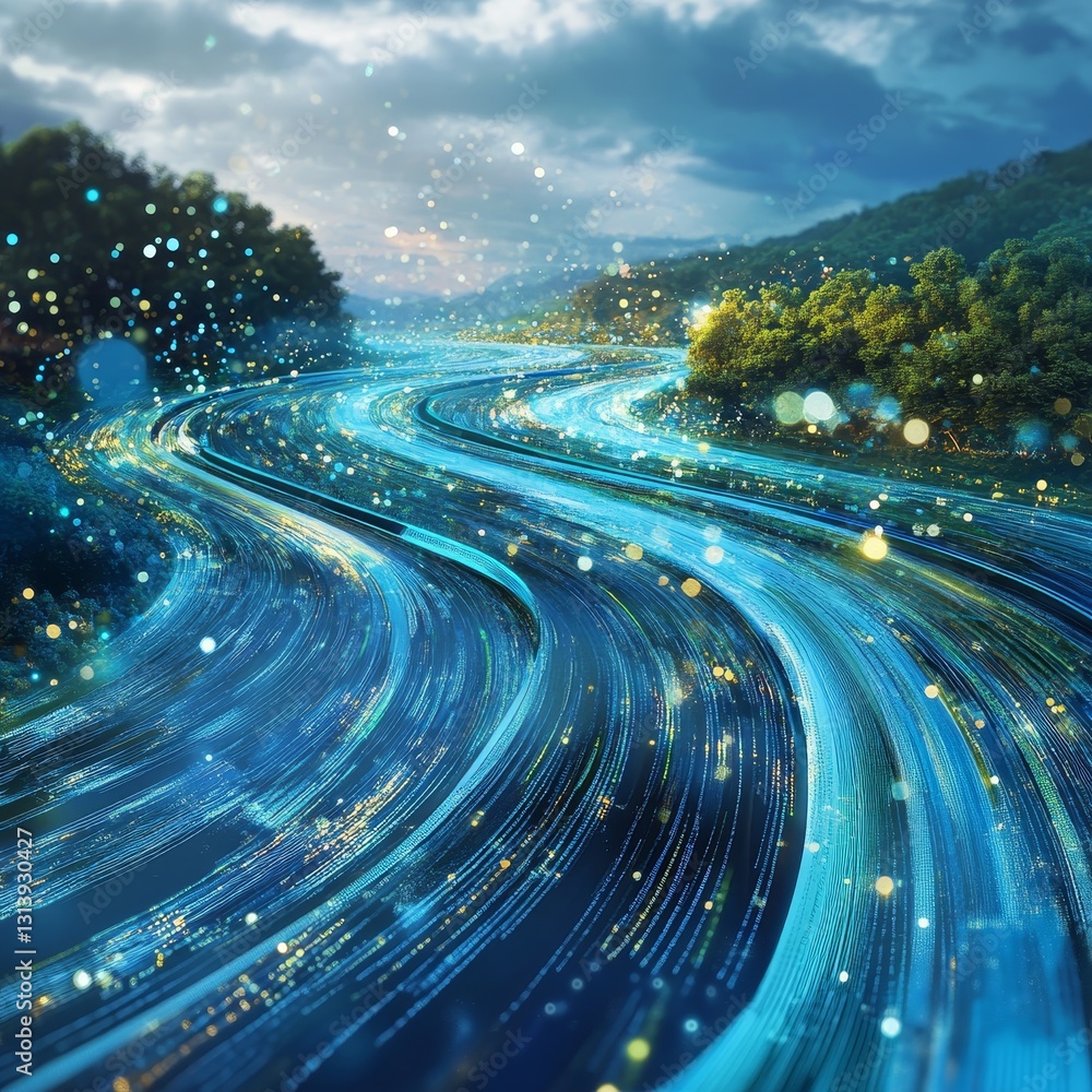 Poster vivid and dynamic abstract representation of light trails dancing over a tranquil water stream, surr