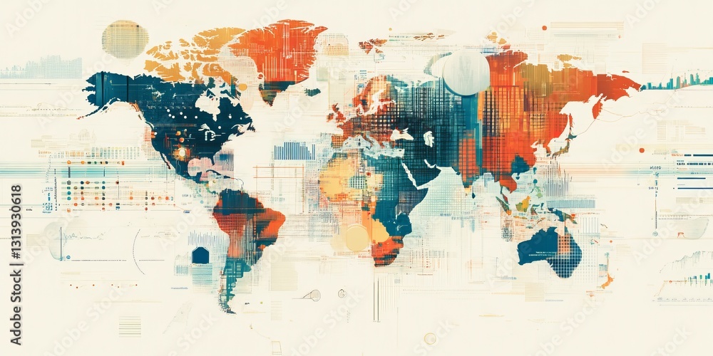 Poster a colorful abstract painting of the world with a blue line running through it. the painting is a mix