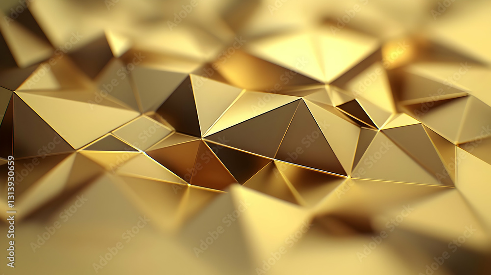 Poster abstract golden geometric background with triangular polygonal metallic shiny facets and light refle