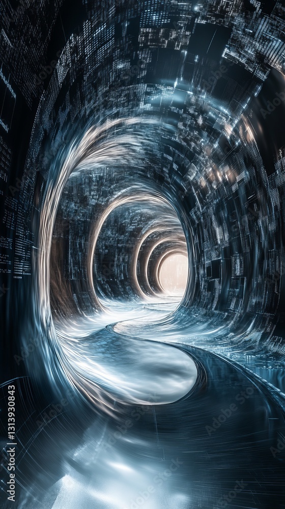 Poster Explore a surreal flowing data tunnel that encapsulates the essence of IoT and analytics. This striking visual represents the fusion of technology and abstract concepts.