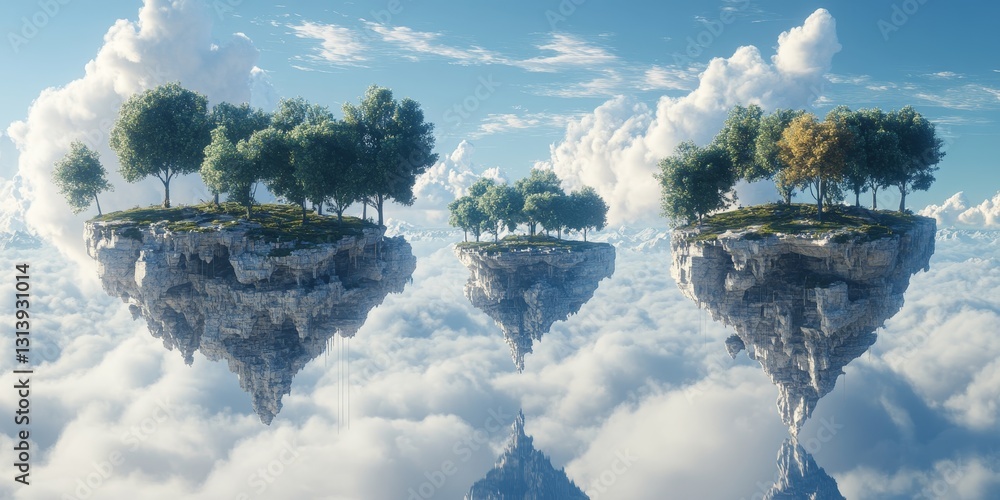 Poster enchanting floating islands with vibrant trees rise above soft clouds, creating a serene and dreamli