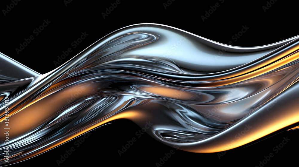 Poster dynamic abstract metallic wave with silver and gold accents against a black background in a computer