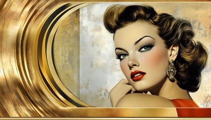 Elegant Woman in Golden Frame Red Dress