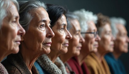 Diverse group of senior women in profile view. Focus on faces with wrinkles skin texture. Concept of aging population, demographic changes, global issues, racial diversity, retirement planning.