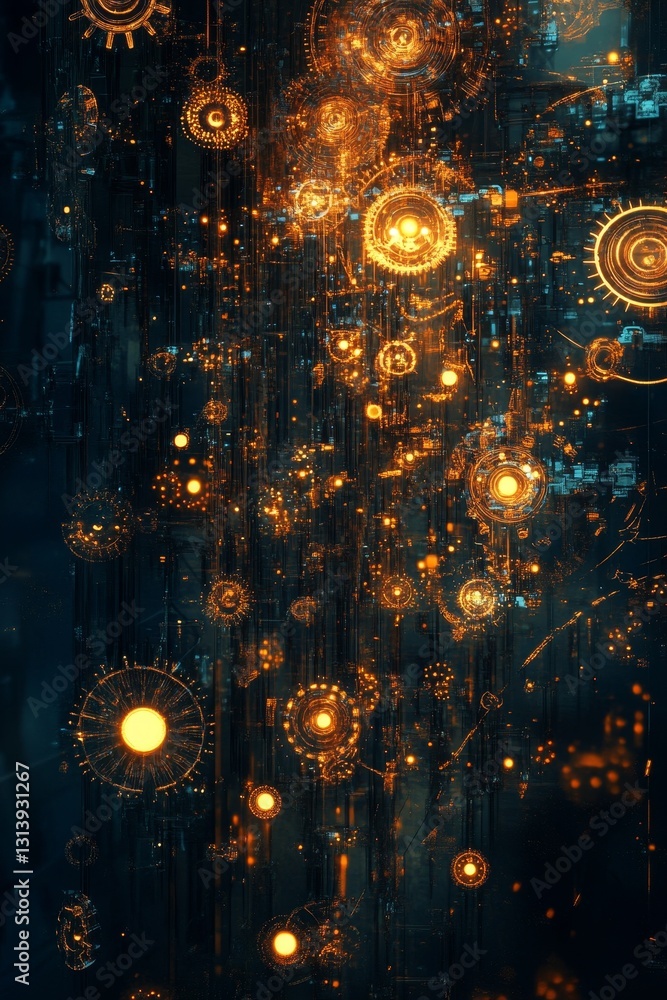 Poster a computer generated image of a bunch of glowing circles