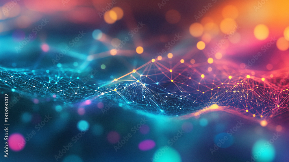 Poster abstract colorful network digital data flow background image wave blue pink lines nodes light points